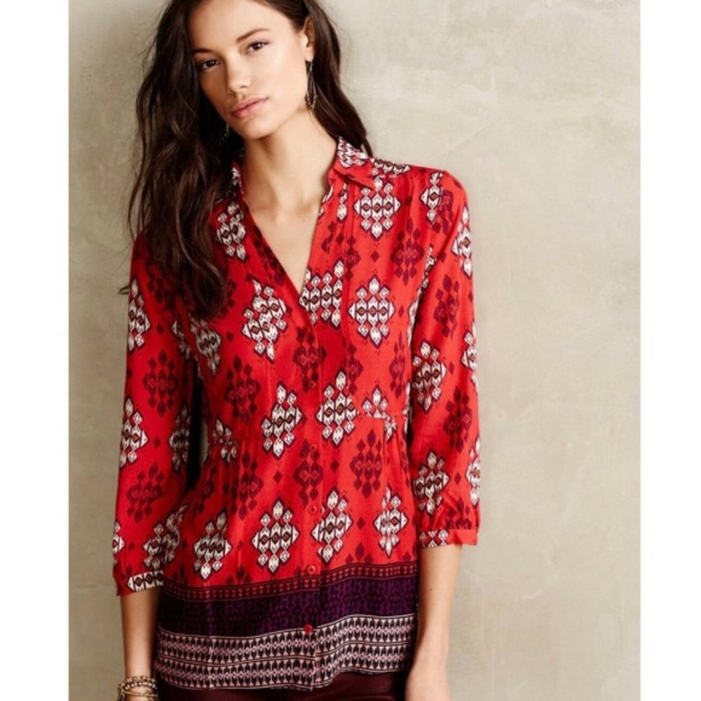 Maeve Woodland Walk Ikat Tribal Button-down Top 6